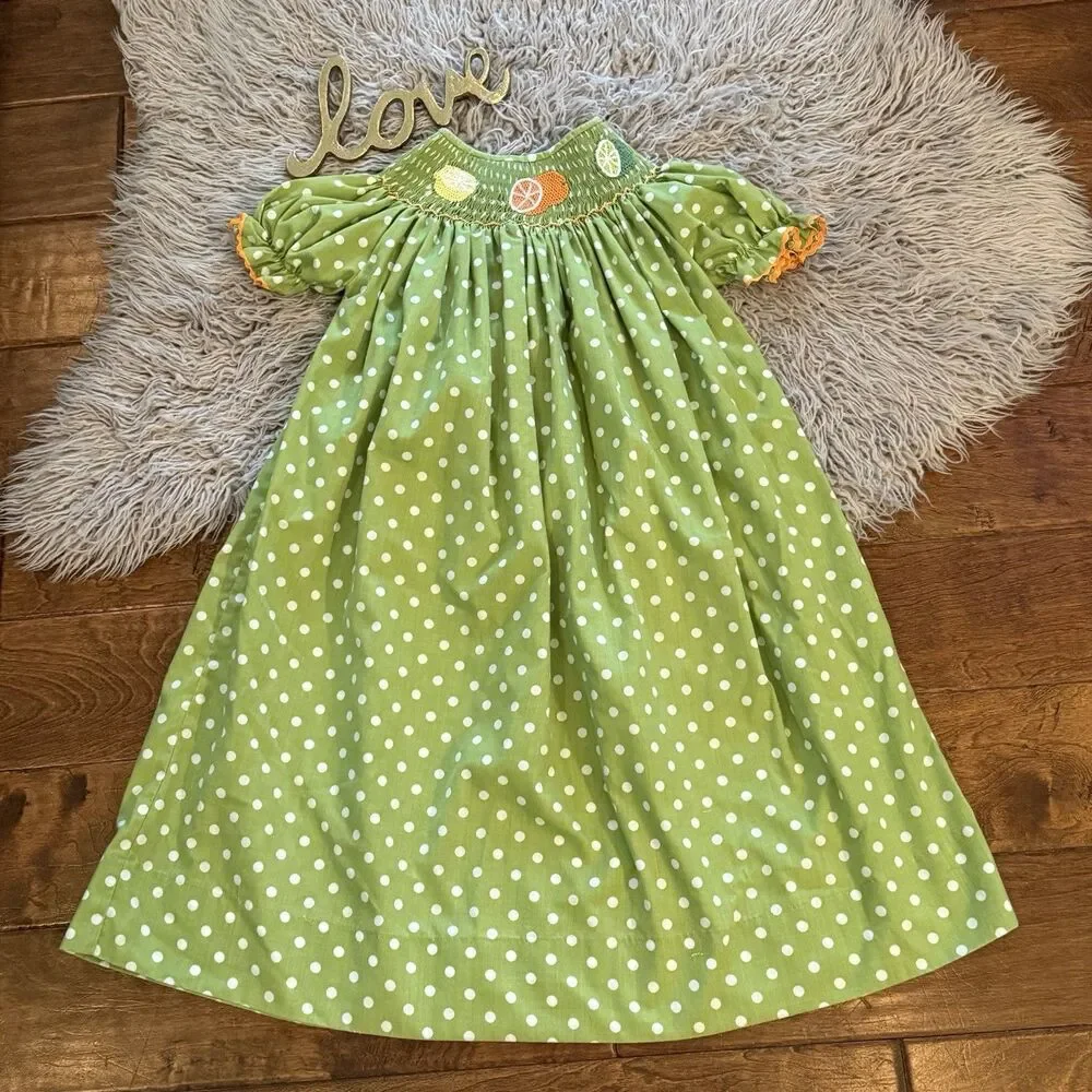 Ginger Hares Smocked Dress Girls Green White Polkadot Citrus Fruits Size 5